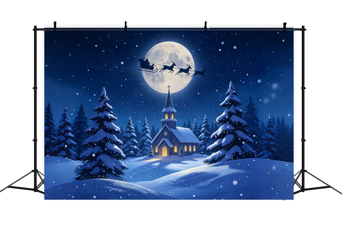 Weihnachtsnacht-Hintergrund Mondbeschienene Kirche Schneewald Weihnachtshintergrund Aus Musselin ZTT69-8