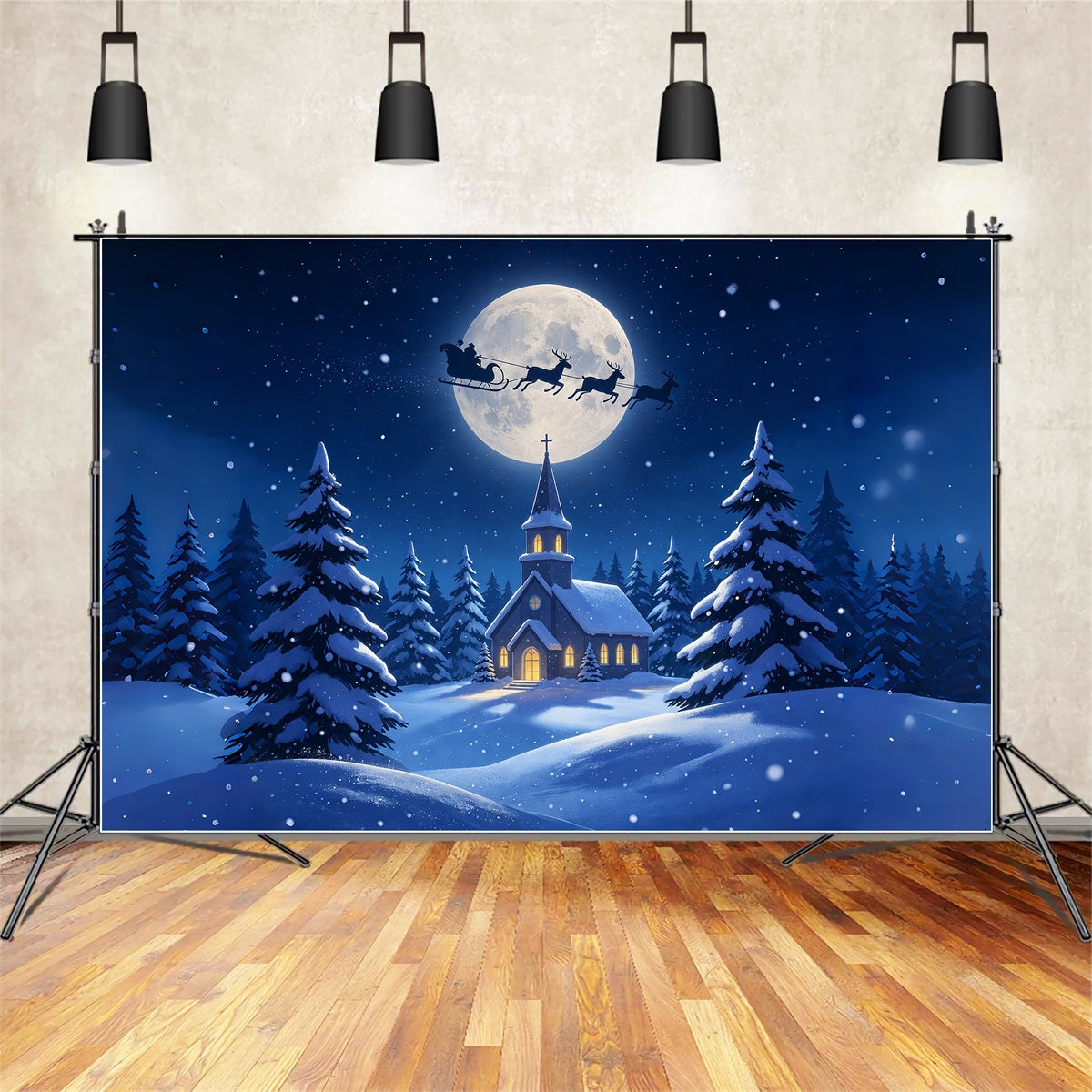 Weihnachtsnacht-Hintergrund Mondbeschienene Kirche Schneewald Weihnachtshintergrund Aus Musselin ZTT69-8