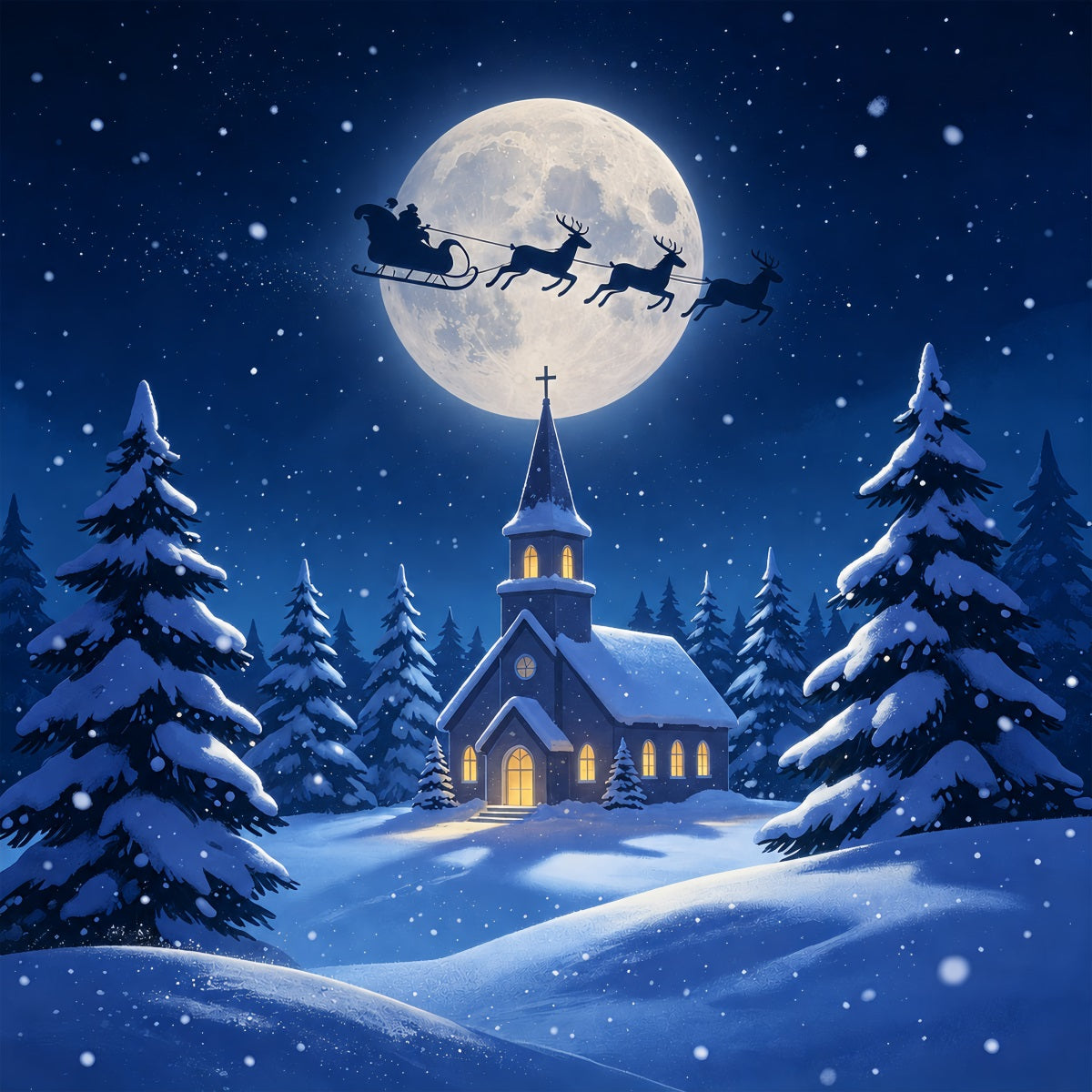Weihnachtsnacht-Hintergrund Mondbeschienene Kirche Schneewald Weihnachtshintergrund Aus Musselin ZTT69-8