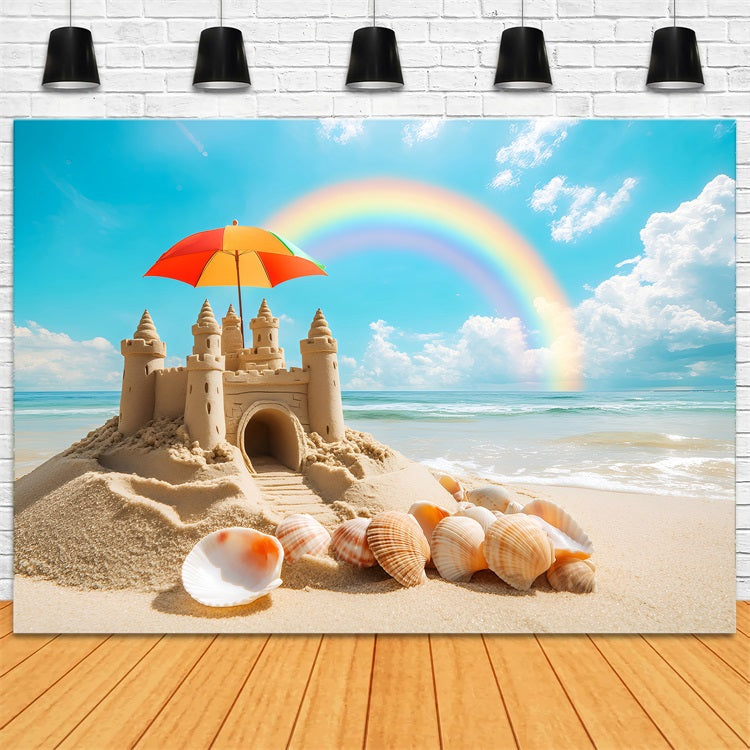 Sommer Fotokulissen Regenbogen Sandburg Muschel Strand Kulisse ZXY3-13