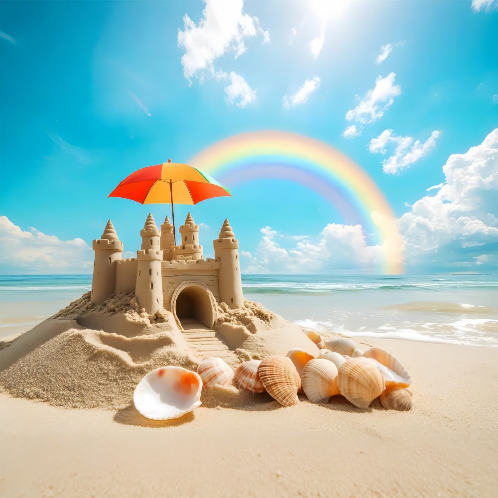 Sommer Fotokulissen Regenbogen Sandburg Muschel Strand Kulisse ZXY3-13