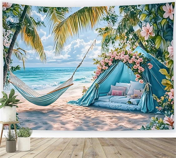 Sommer-Fotohintergrund Zelt Palme Hängematte Strand Hintergrund ZXY3-19