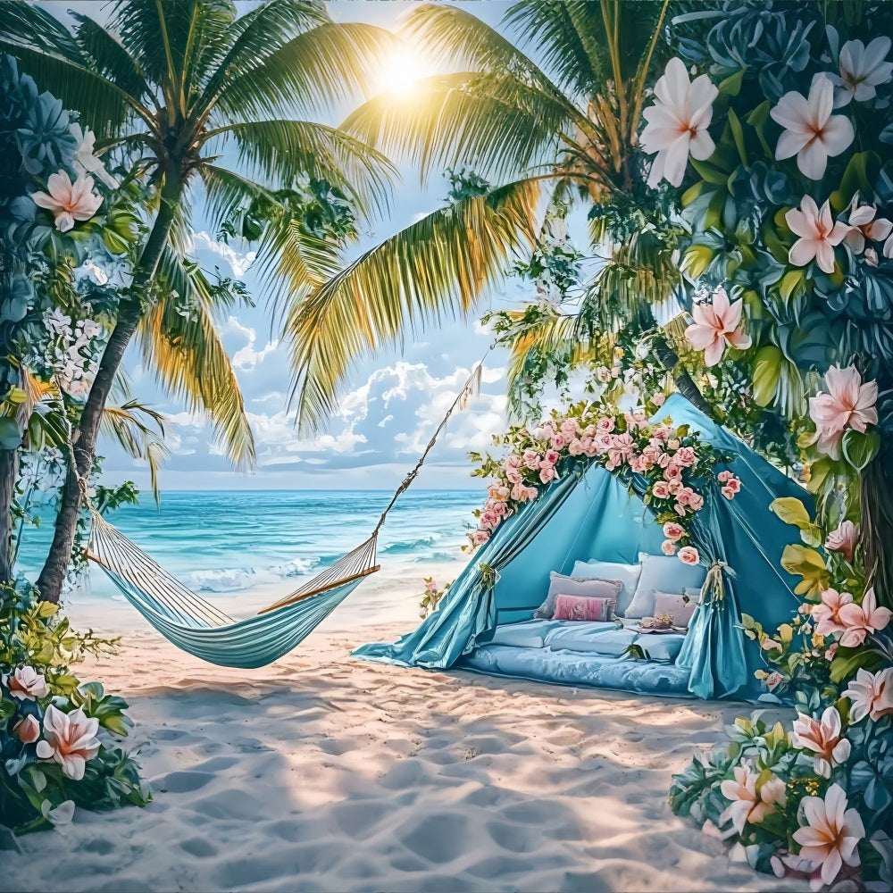Sommer-Fotohintergrund Zelt Palme Hängematte Strand Hintergrund ZXY3-19
