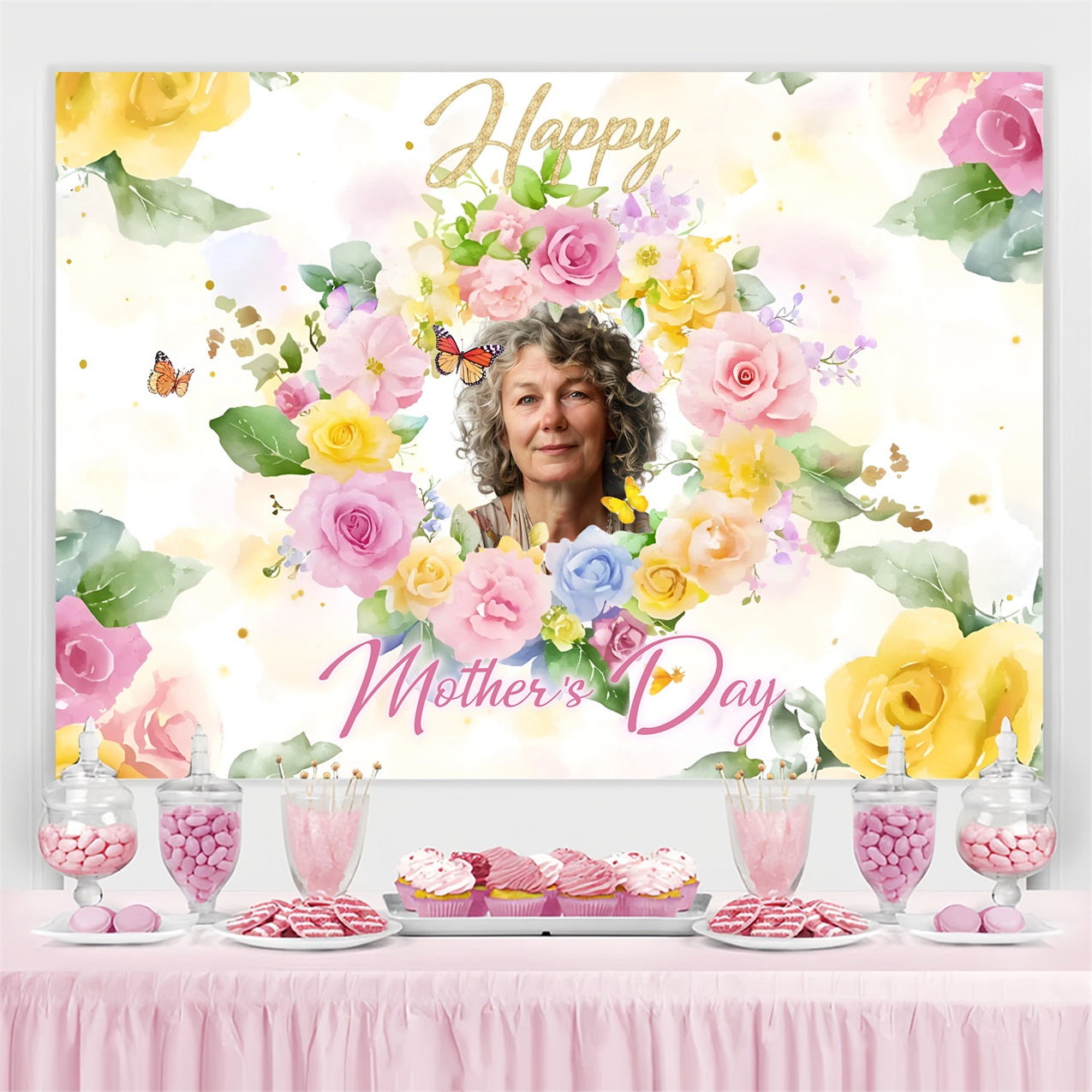 Muttertag Fotokulisse Pastellfarbener Blumenkranz Personalisierte Kulisse ZXY3-6