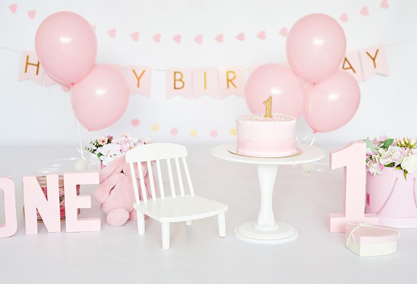 1st Birthday Girl Balloons Cake Pink Photo Backdrop D282