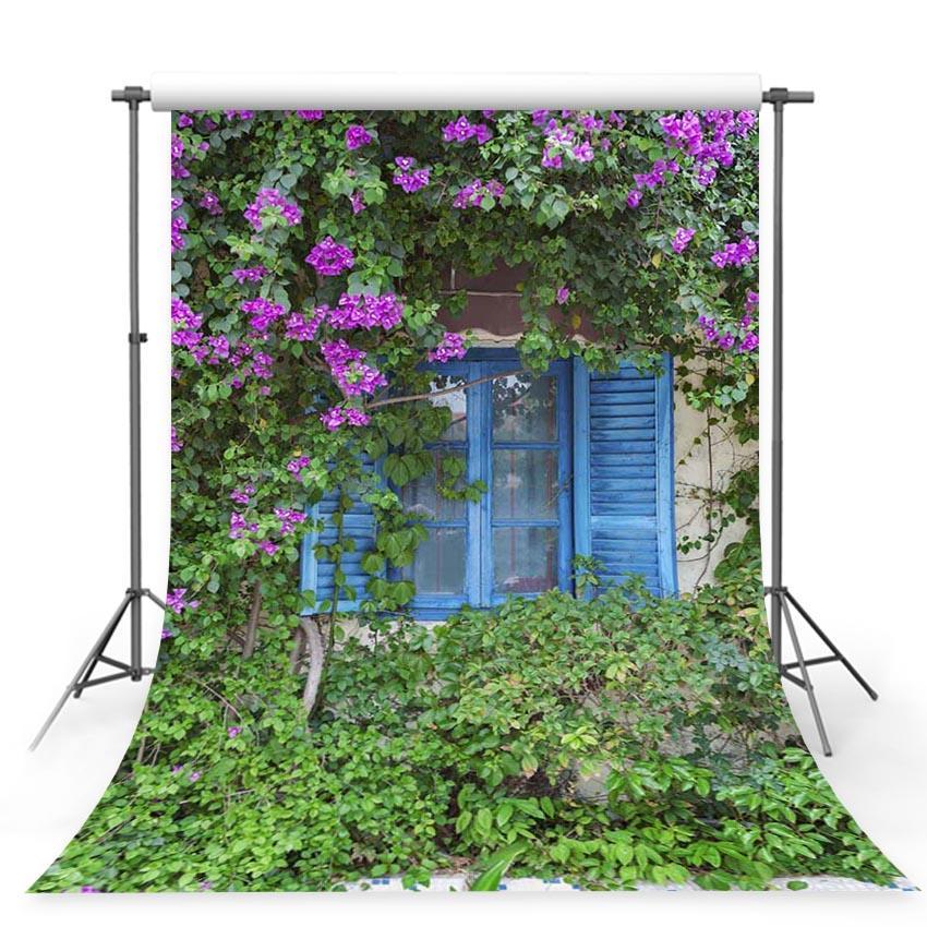 Blue Window Flowers Green Leaves Photo Backdrop G-250