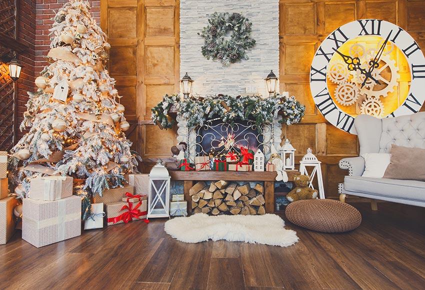 Weihnachtsbaum Kamin Uhr Innenraum Dekoration Hintergrund GX-1096