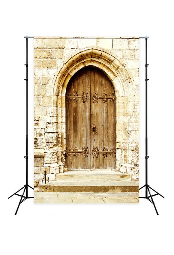 Brown Wooden Door Stone Wall Photography Backdrops J03182