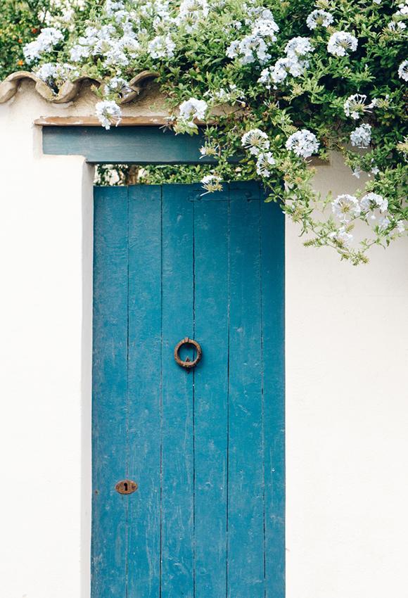 Blue Wooden Door White Flowers Photo Booth Backdrops J03732