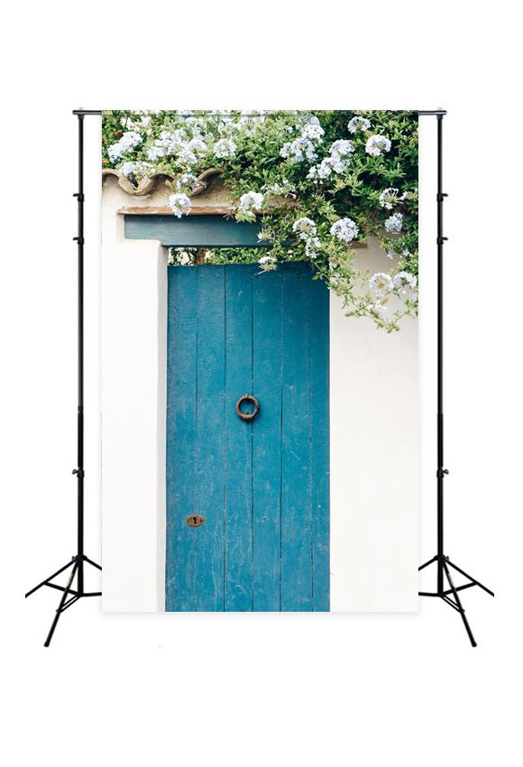 Blue Wooden Door White Flowers Photo Booth Backdrops J03732