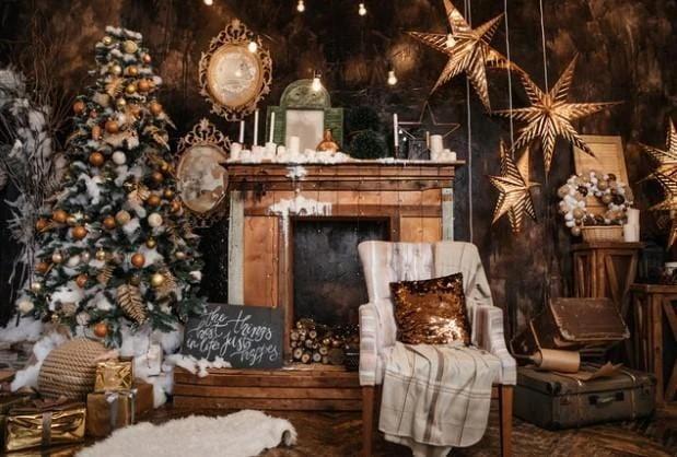 Fireplace Christams Tree Socks Photo Studio Backdrop KAT-20