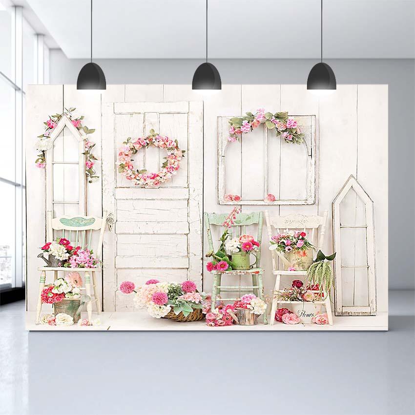 Holztür Fenster Hintergrund Blumenstuhl Hintergrund für Raumdekoration NN-2