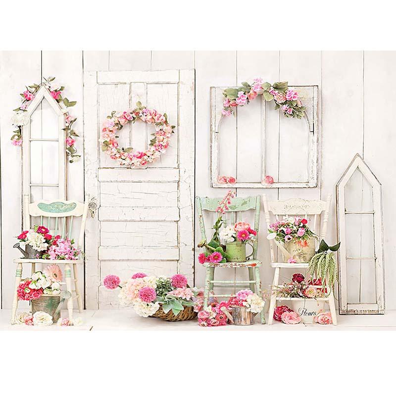 Holztür Fenster Hintergrund Blumenstuhl Hintergrund für Raumdekoration NN-2