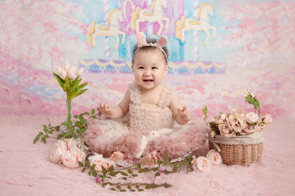 Rosa Neugeborene Hintergrund Karussell Malerei Hintergrund Baby Girl Fotografie Hintergrund ZG-03