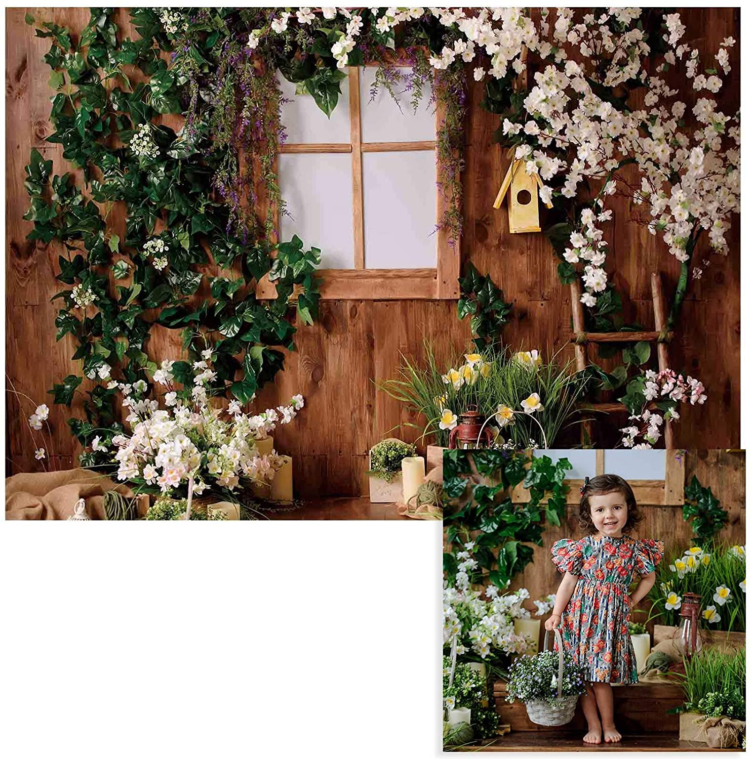 Spring White Flowers Wooden House Photo Backdrop GC-201