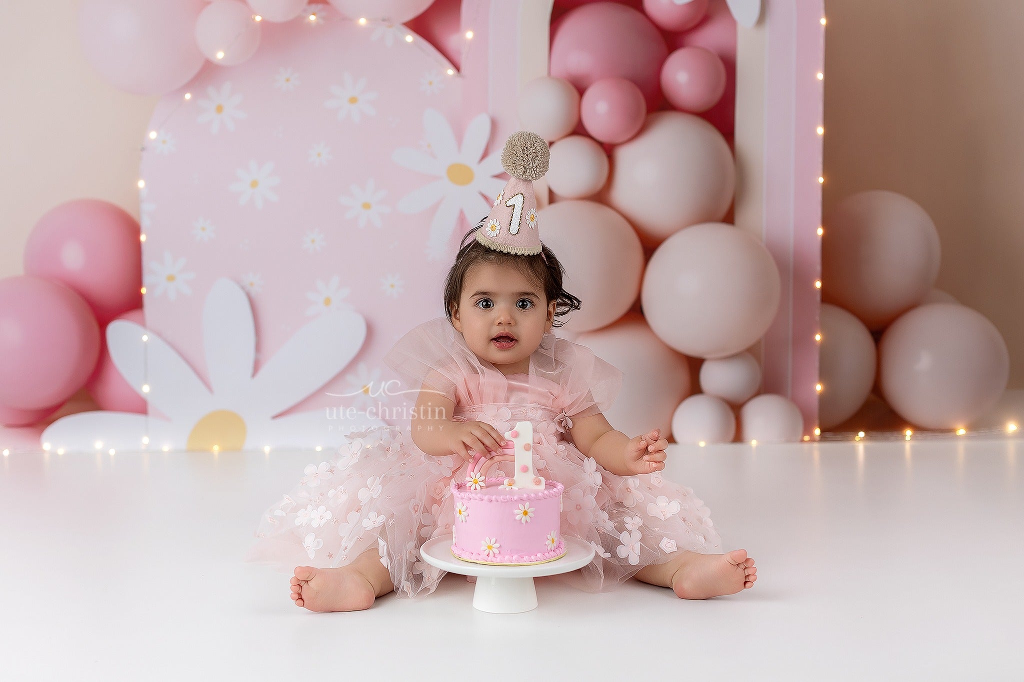 Cake Smash-Fotohintergrund Rosa Gänseblümchen Ballon Regenbogen Geburtstagsfotohintergrund MRR9-40
