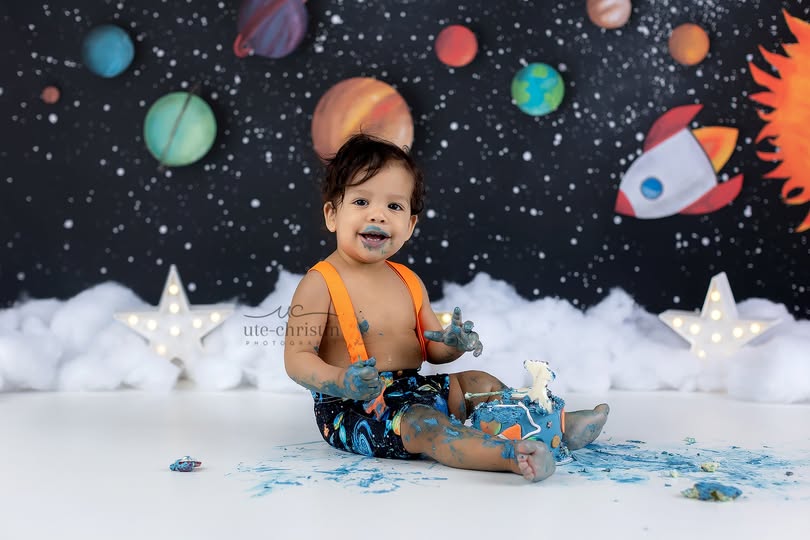 Cake Smash-Fotohintergrund Raketenabenteuer Bunte Planeten Sternenlicht-Geburtstags-Fotohintergrund MRR9-62