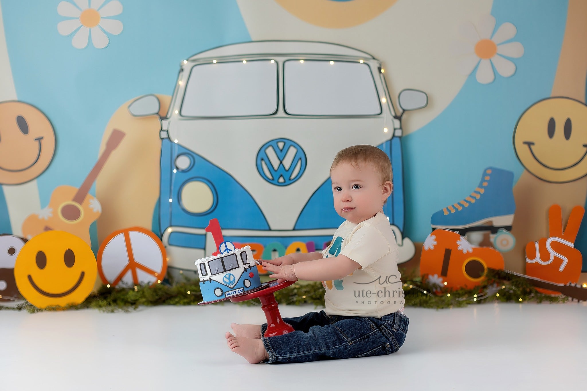 Geburtstagshintergrund Retro-Hippie-Van Smiley-Symbole Cake-Smash-Fotohintergrund MRR9-57