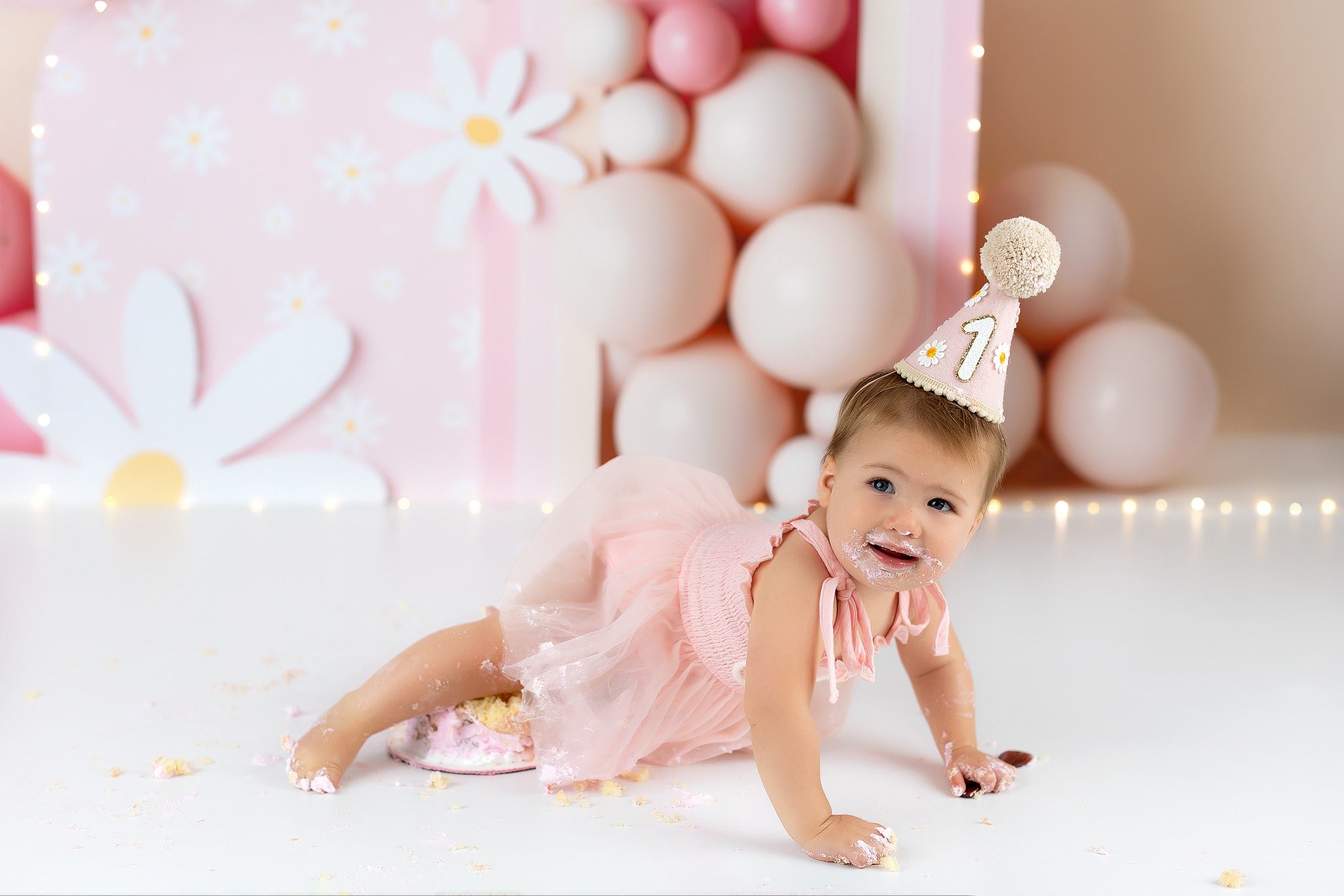 Cake Smash-Fotohintergrund Rosa Gänseblümchen Ballon Regenbogen Geburtstagsfotohintergrund MRR9-40