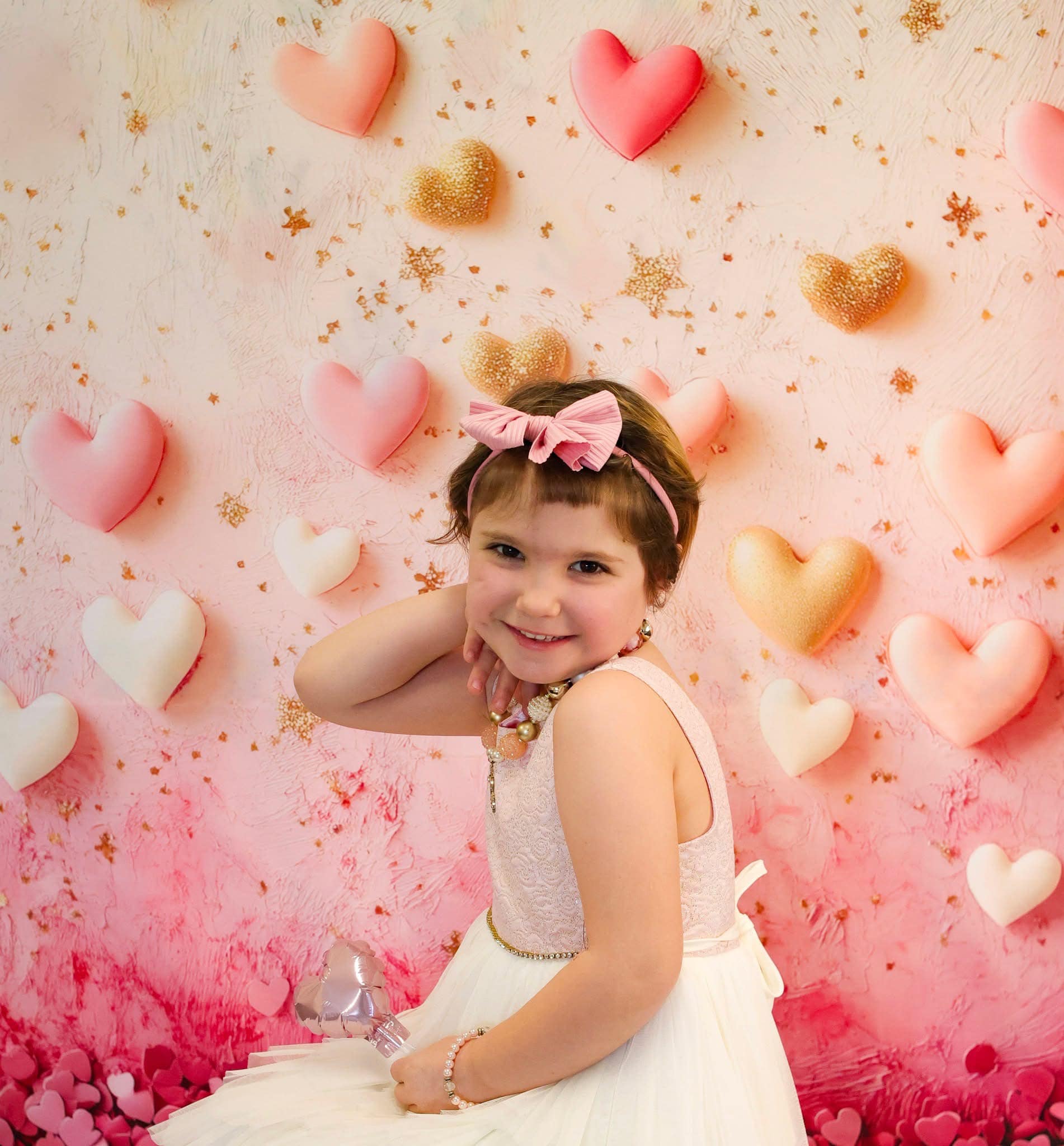 Valentinstag-Fotohintergrund Rosa-goldene schwebende Herzen Valentinstag-Fotohintergrundideen MRR9-78