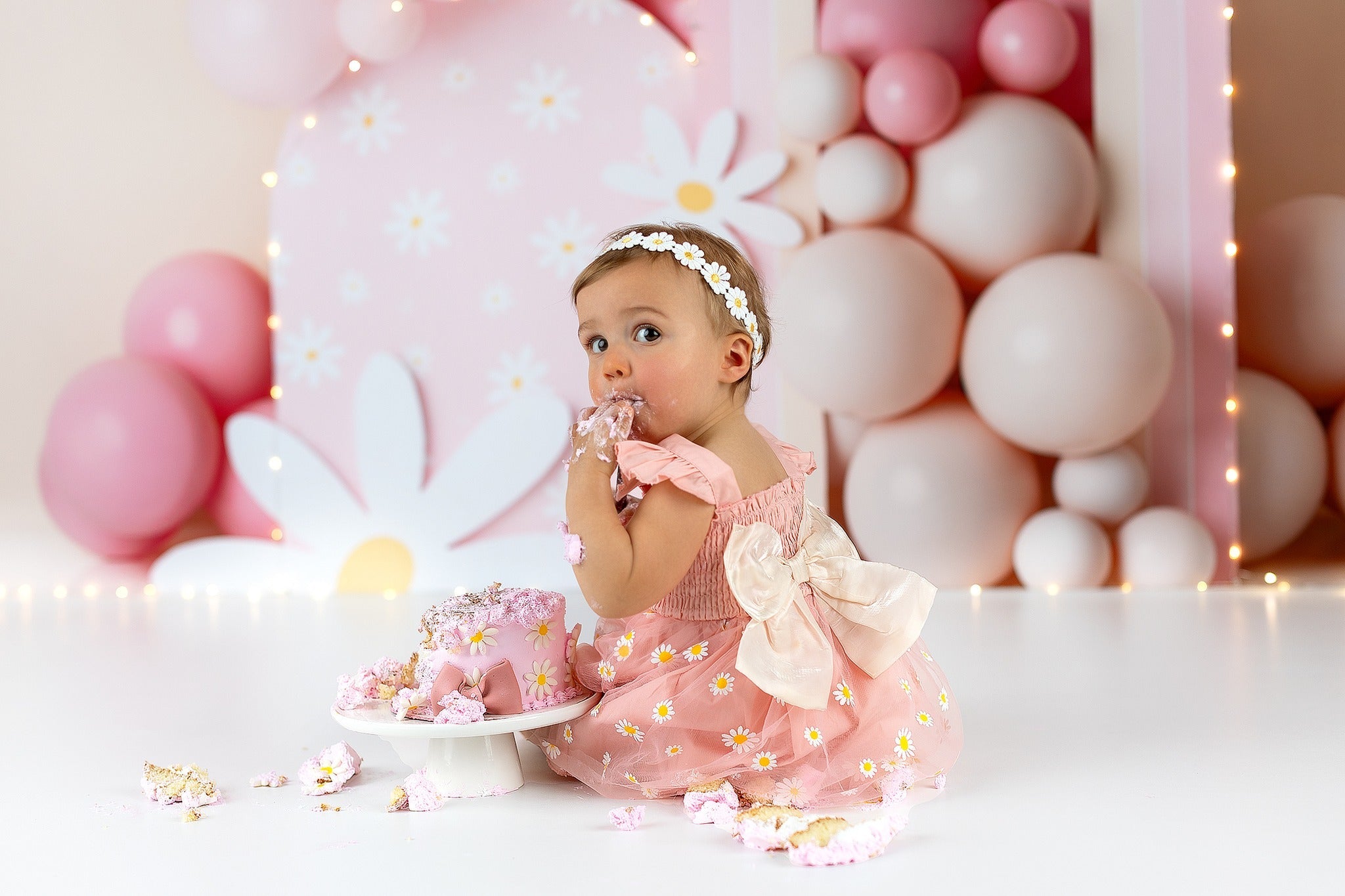Cake Smash-Fotohintergrund Rosa Gänseblümchen Ballon Regenbogen Geburtstagsfotohintergrund MRR9-40