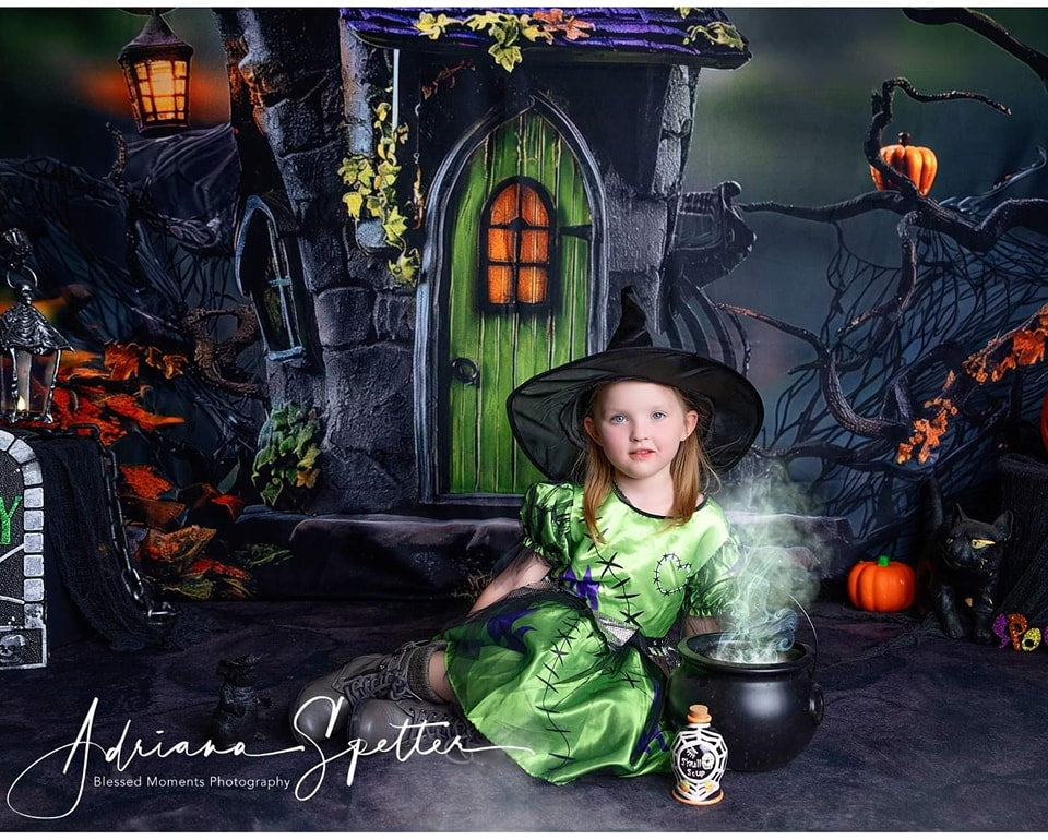 Gruseliger Halloween-Fotohintergrund Spukhaus Grüne Türlichter Halloween-Fotohintergrund MRR9-131