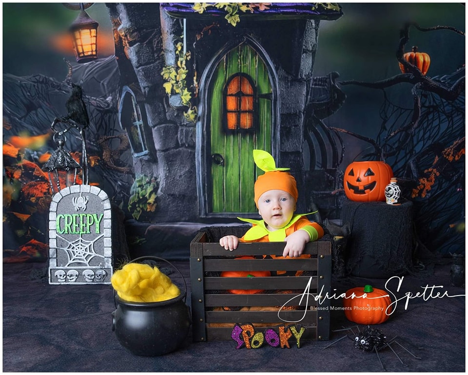 Gruseliger Halloween-Fotohintergrund Spukhaus Grüne Türlichter Halloween-Fotohintergrund MRR9-131