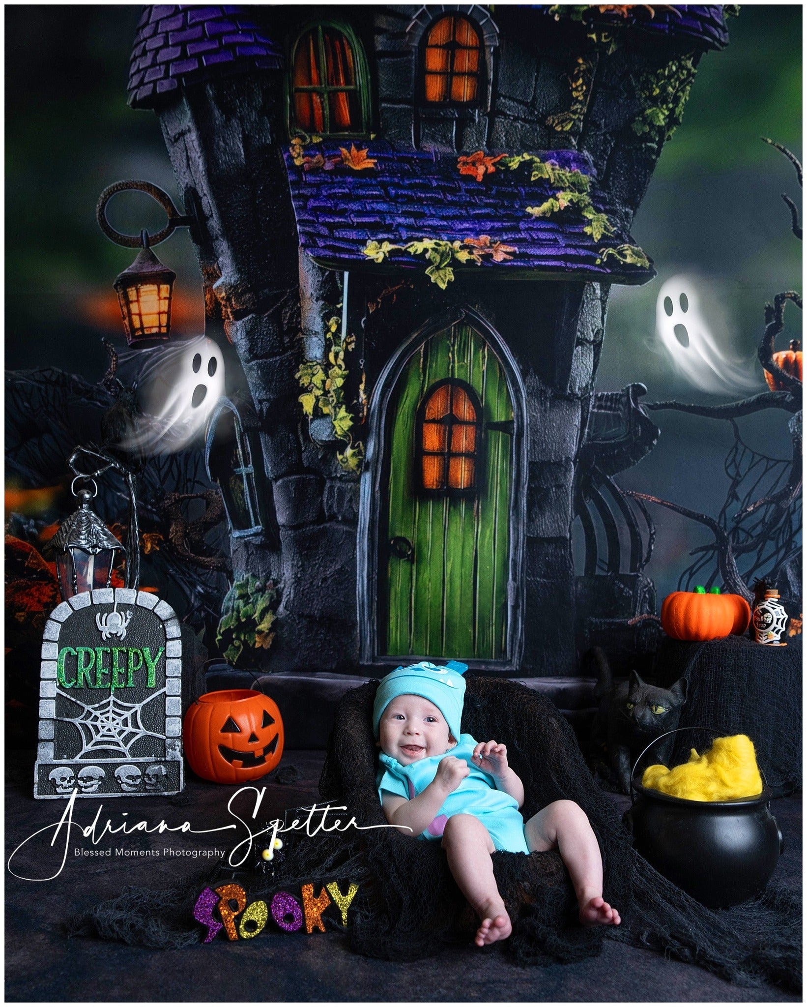 Gruseliger Halloween-Fotohintergrund Spukhaus Grüne Türlichter Halloween-Fotohintergrund MRR9-131