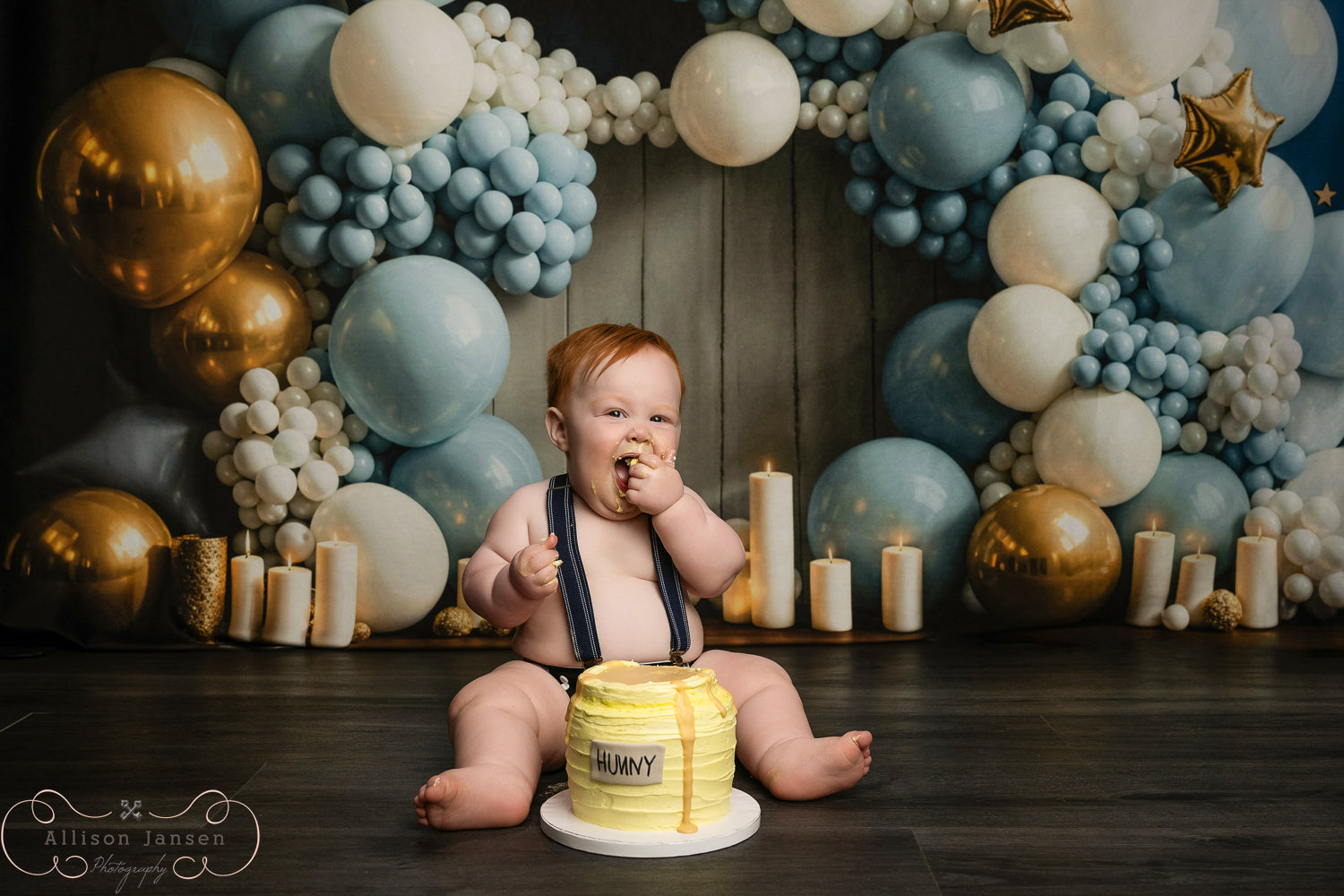 Kuchen-Smash-Fotohintergrund Blau-goldener Stern-Ballonbogen Geburtstags-Fotohintergrund MRR9-90