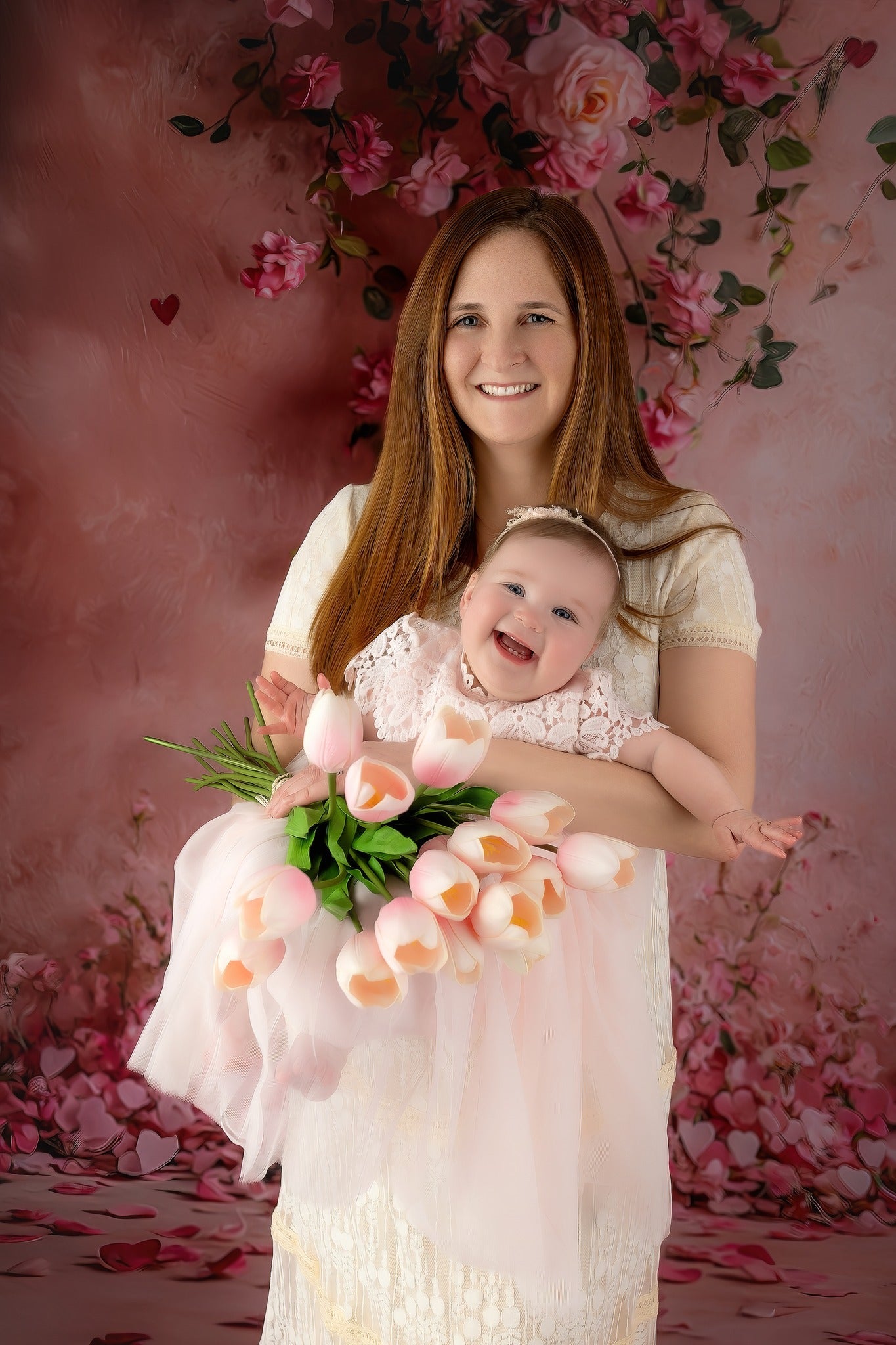 Blumenwand-Fotohintergrund Rosa Rosen Blumenherzen Fotohintergrund Blumenhintergrund MRR9-52