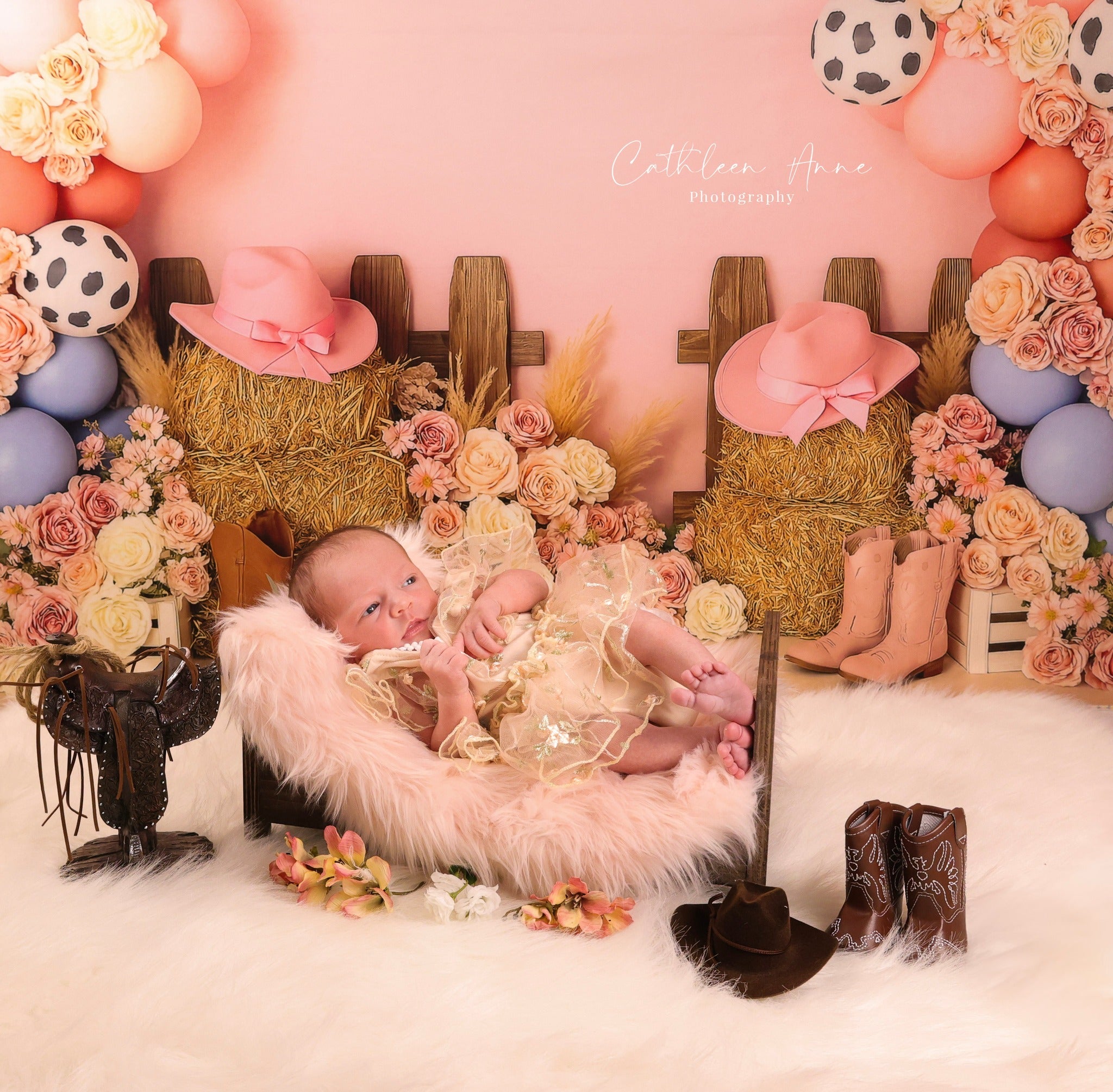 Cowgirl-Fotohintergrundideen Cowgirl-Stiefel Blumenballons Kinderhintergründe MRR9-79