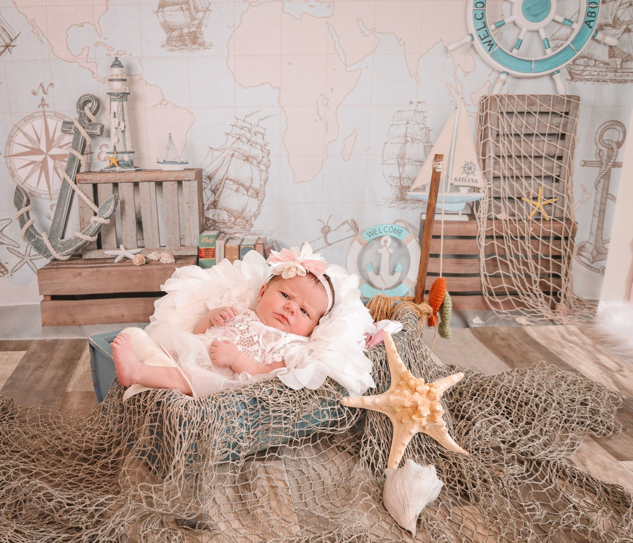 Neugeborenen-Fotohintergrund Seekarte Schiffe Steuerrad-Dekoration Kinder-Fotohintergrund MRR9-82