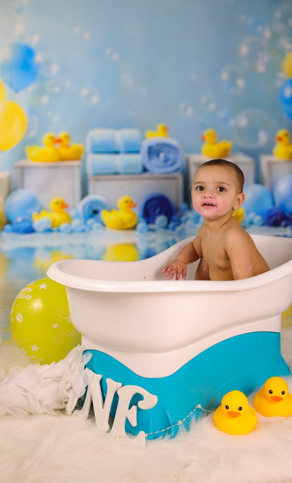 Kinder-Fotohintergrund Blaue Luftballons Gummienten Seifenblasen Fotohintergrund für Neugeborene MRR9-83