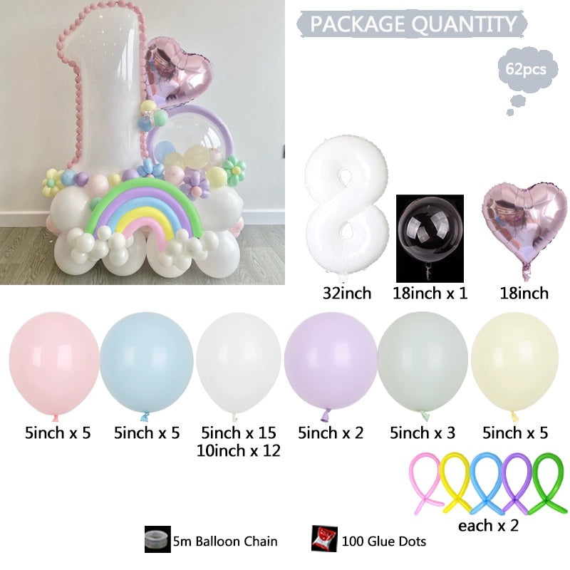 Makrone 32" Weiß Geburtstag Zahlen Regenbogen Ballon Set BA35