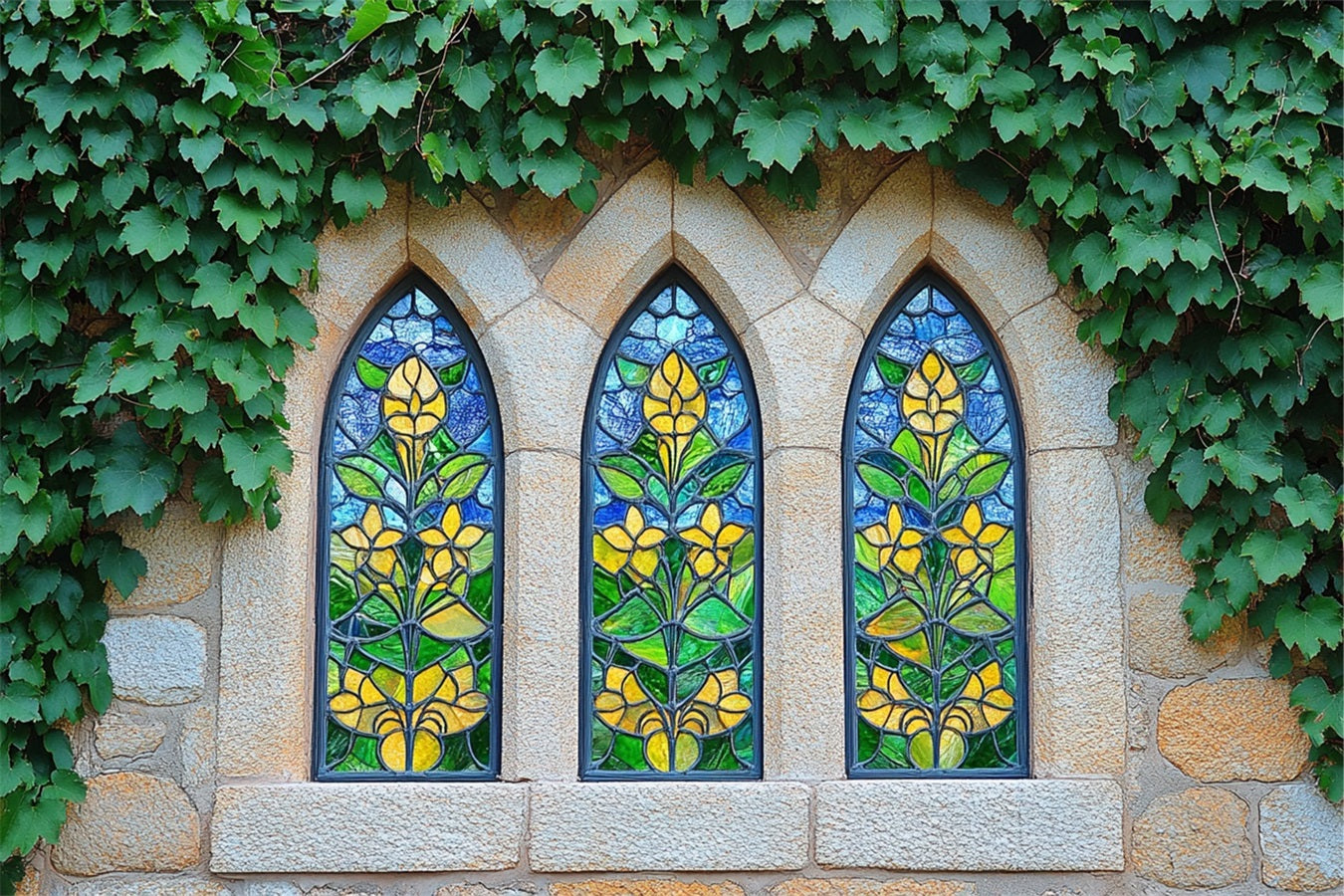 Frühlingshintergrund Rustikale Steinmauer Floral Glashintergrund BRP1-13