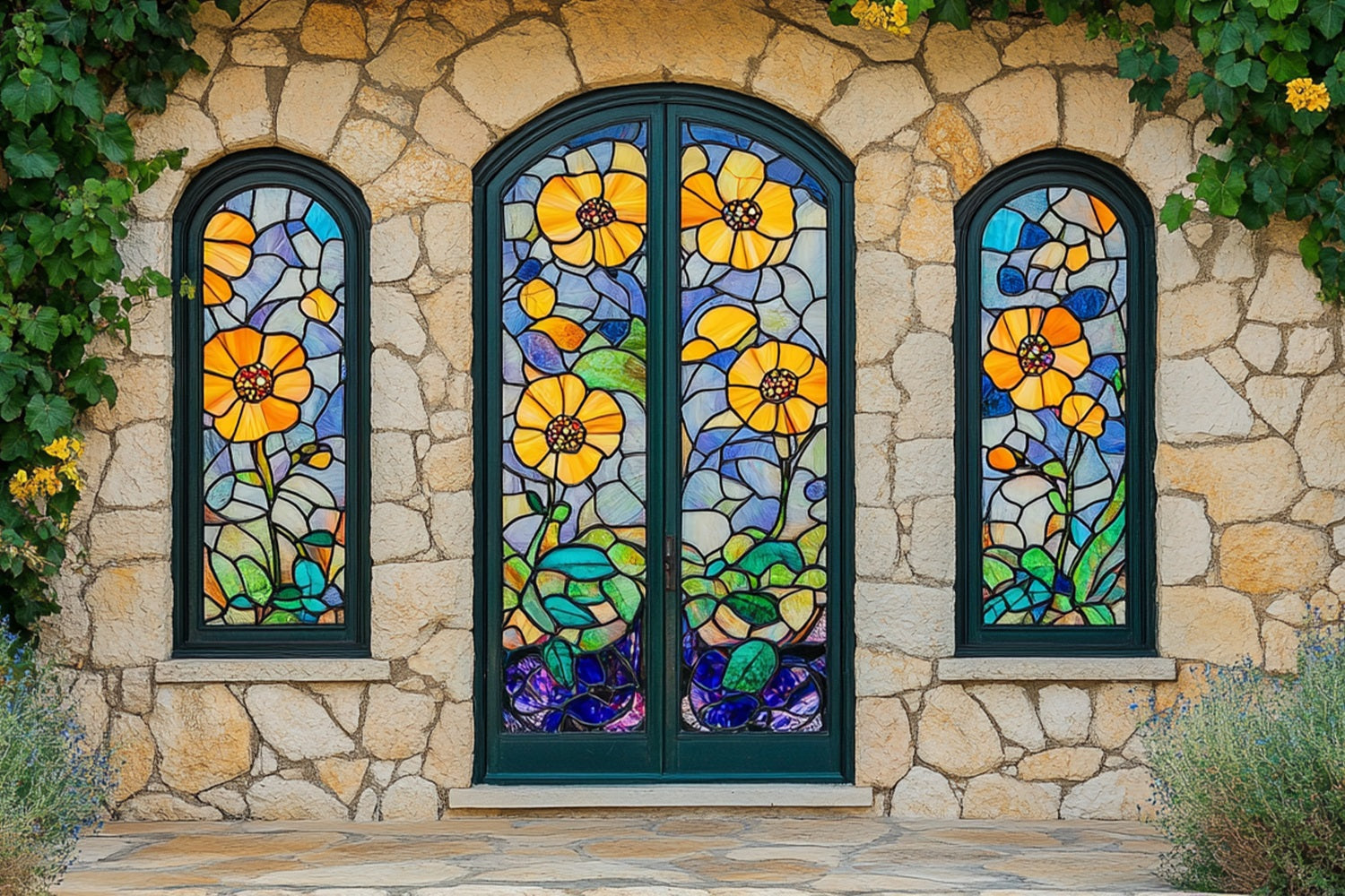 Frühlings-Hintergrund im Gothic-Stil Bunte Blumen-Glas-Hintergrund BRP1-14