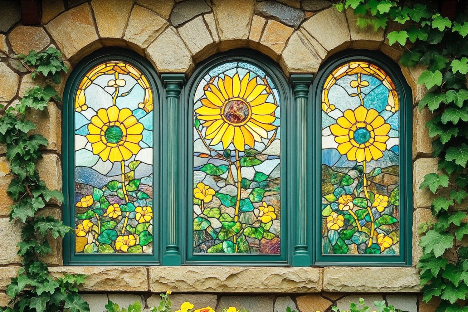 Frühlingsthemen-Hintergrund Rustikaler Sonnenblumen-Glas-Hintergrund BRP1-15