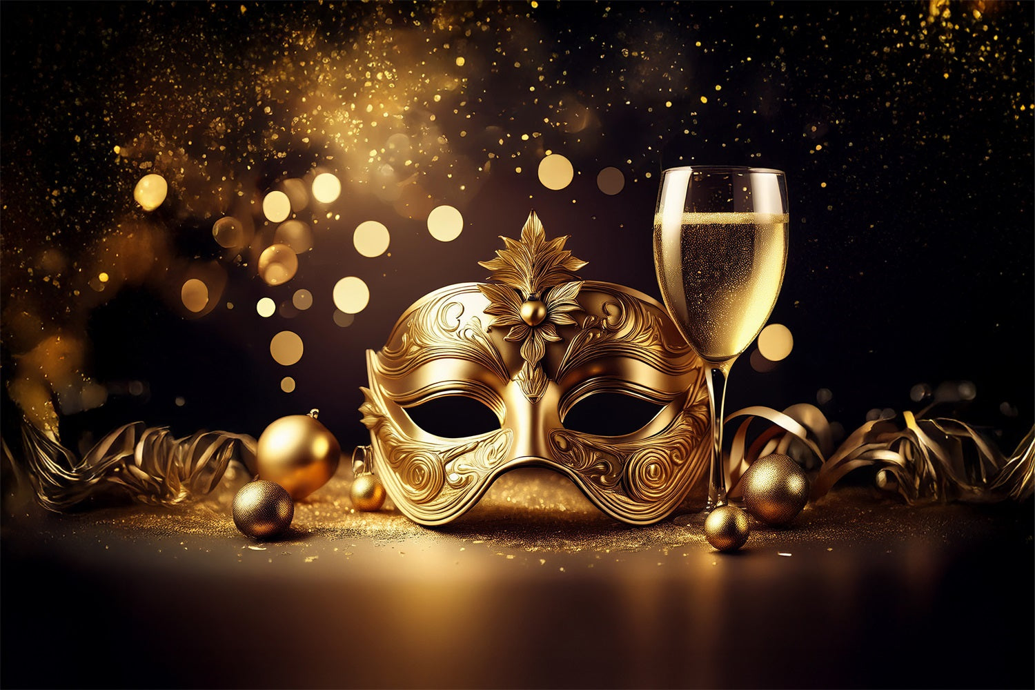 Zirkus-Karneval-Hintergrund Funkelnde Goldmaske Festlicher Champagner-Hintergrund BRP1-211