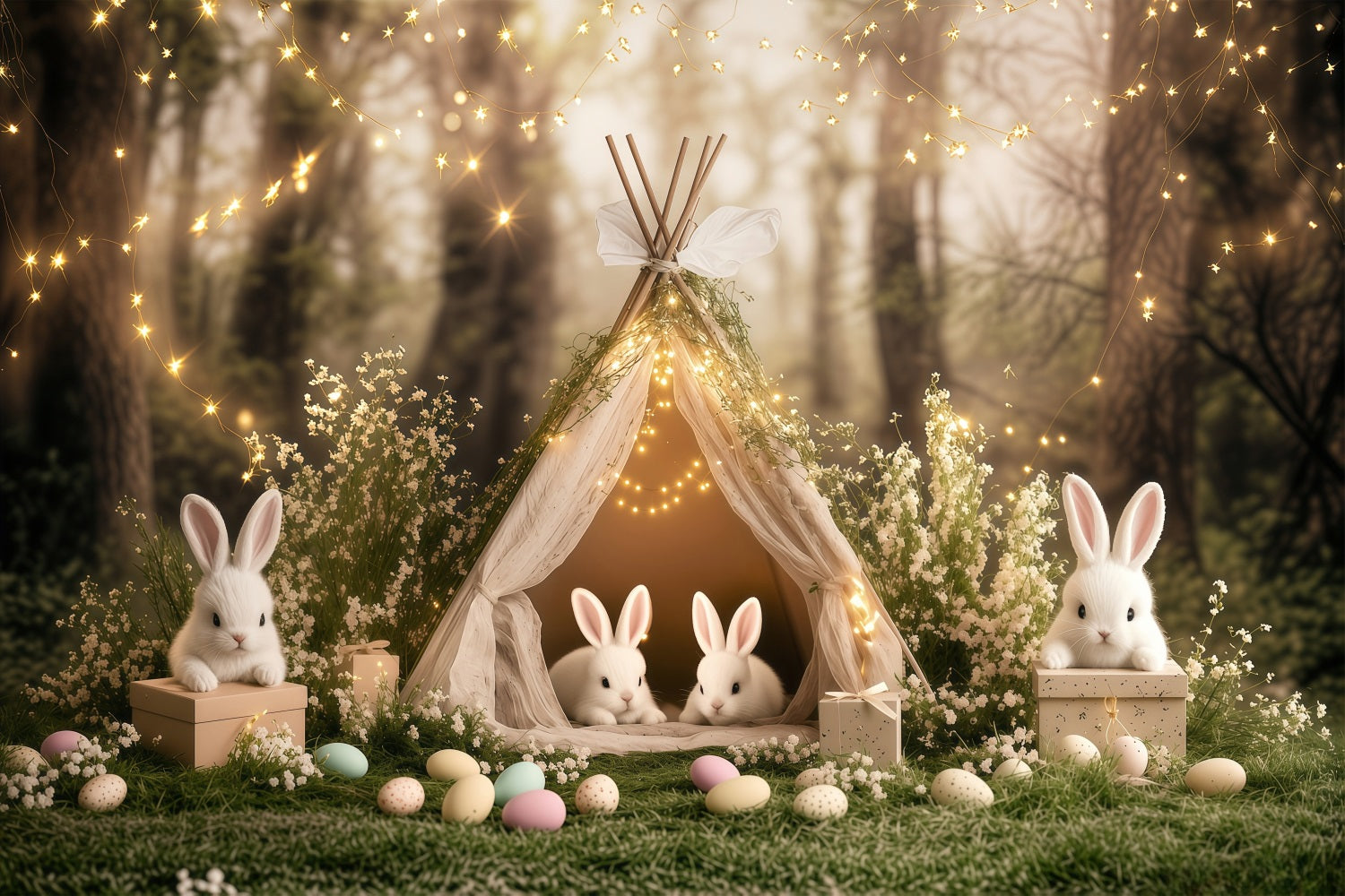 Ostern Fotohintergrund leuchtendes Zelt Hasenwald Hintergrund BRP1-218