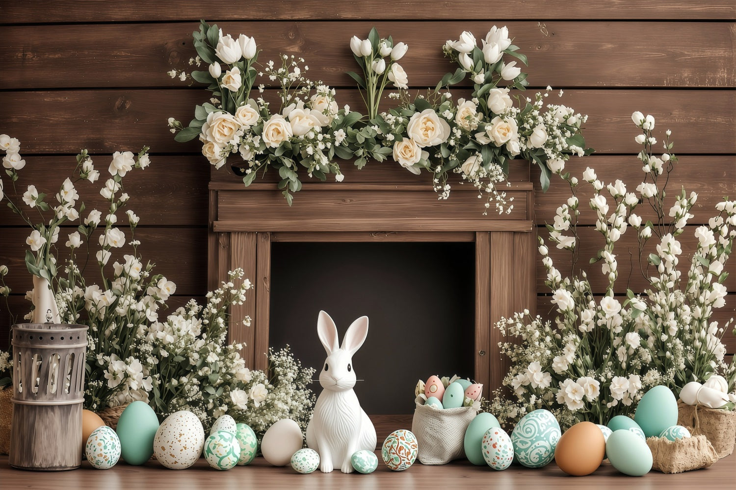 Backdrops Ostern Klassischer Holzmantel Hasen Backdrop BRP1-235