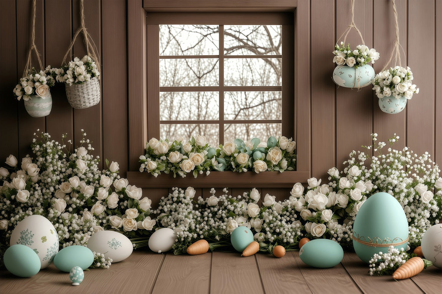 Ostern Fotohintergrund Rustikale Fenster Weiße Rose Hintergrund BRP1-236