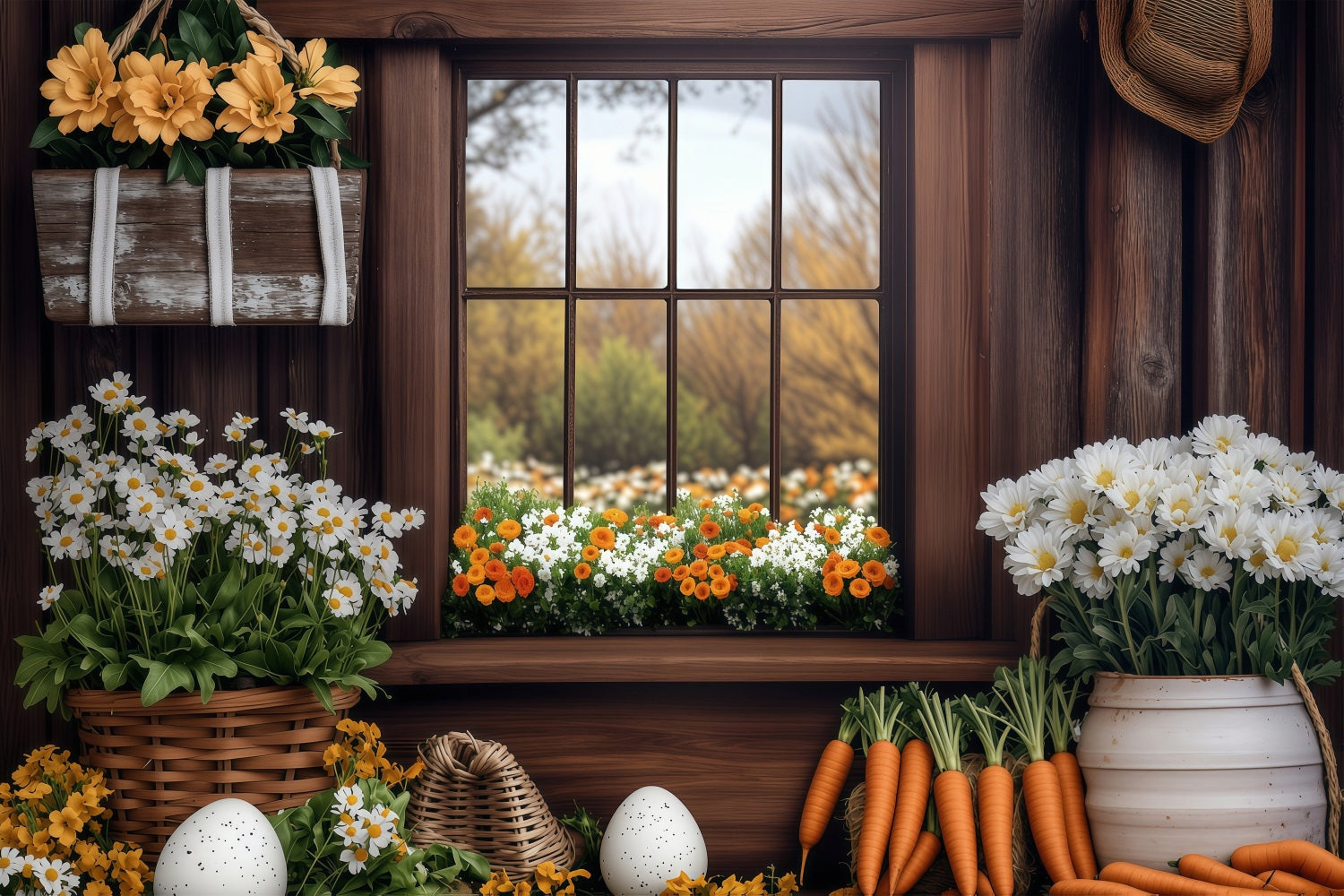 Ostern Frühling Backdrops Rustikales Fenster Karotten Szene Backdrop BRP1-237