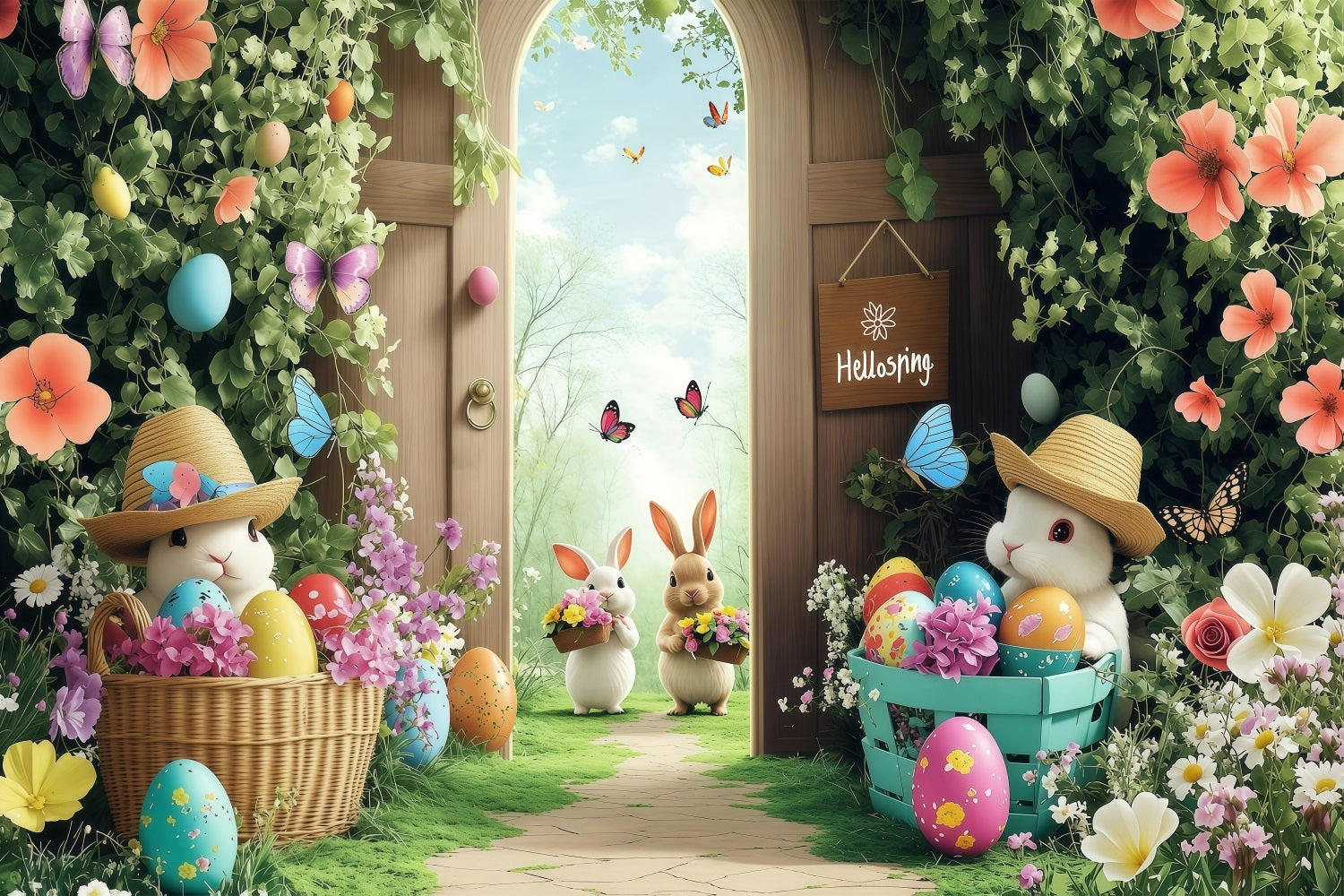 Ostern Backdrops Frühling Schmetterlinge Bunny Gathering Backdrop BRP1-245