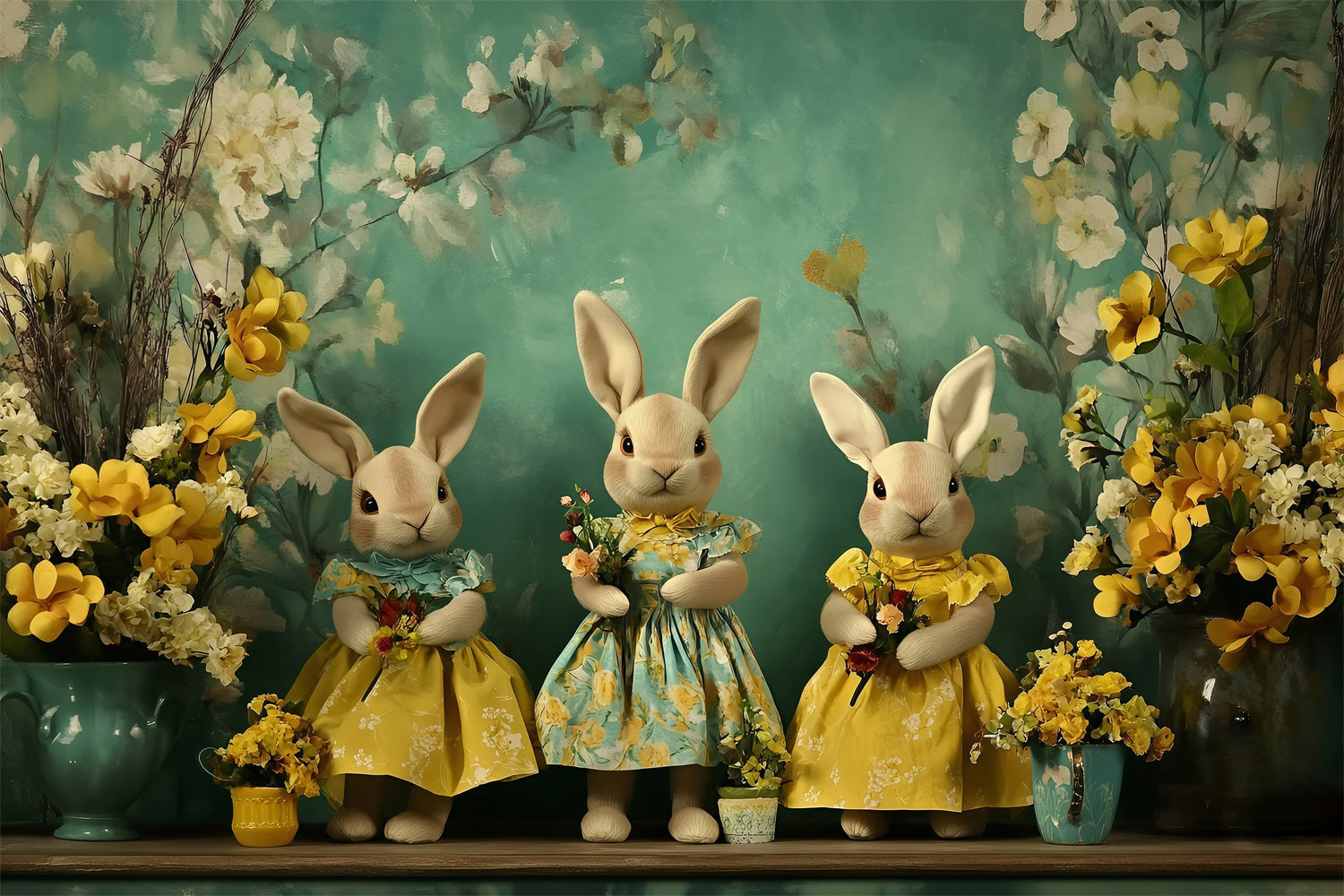 Ostern Fotohintergrund Bunny Trio Florale Akzente Hintergrund BRP1-252