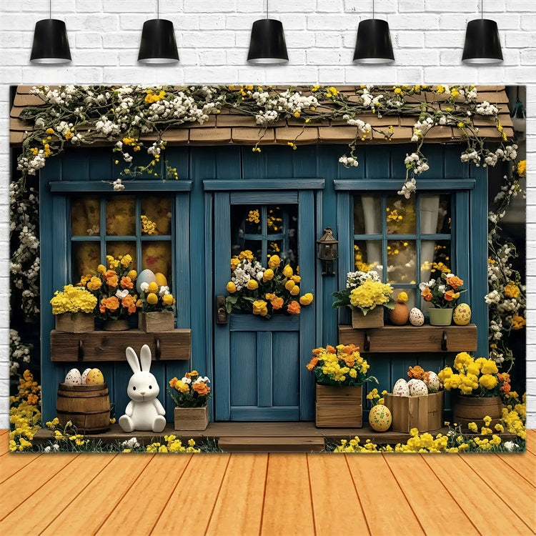 Fotografie Ostern Backdrop Blauer Hase Cottage Blumen Backdrop BRP1-253