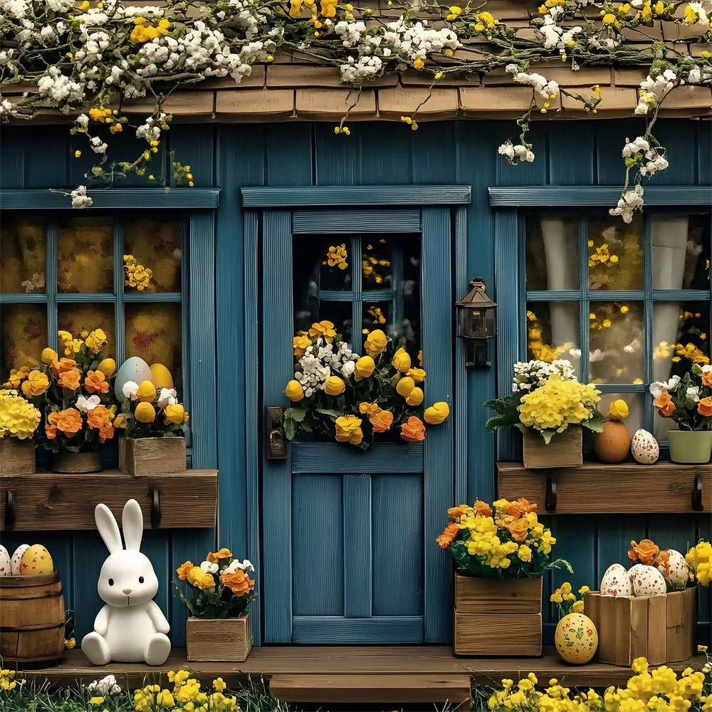 Fotografie Ostern Backdrop Blauer Hase Cottage Blumen Backdrop BRP1-253