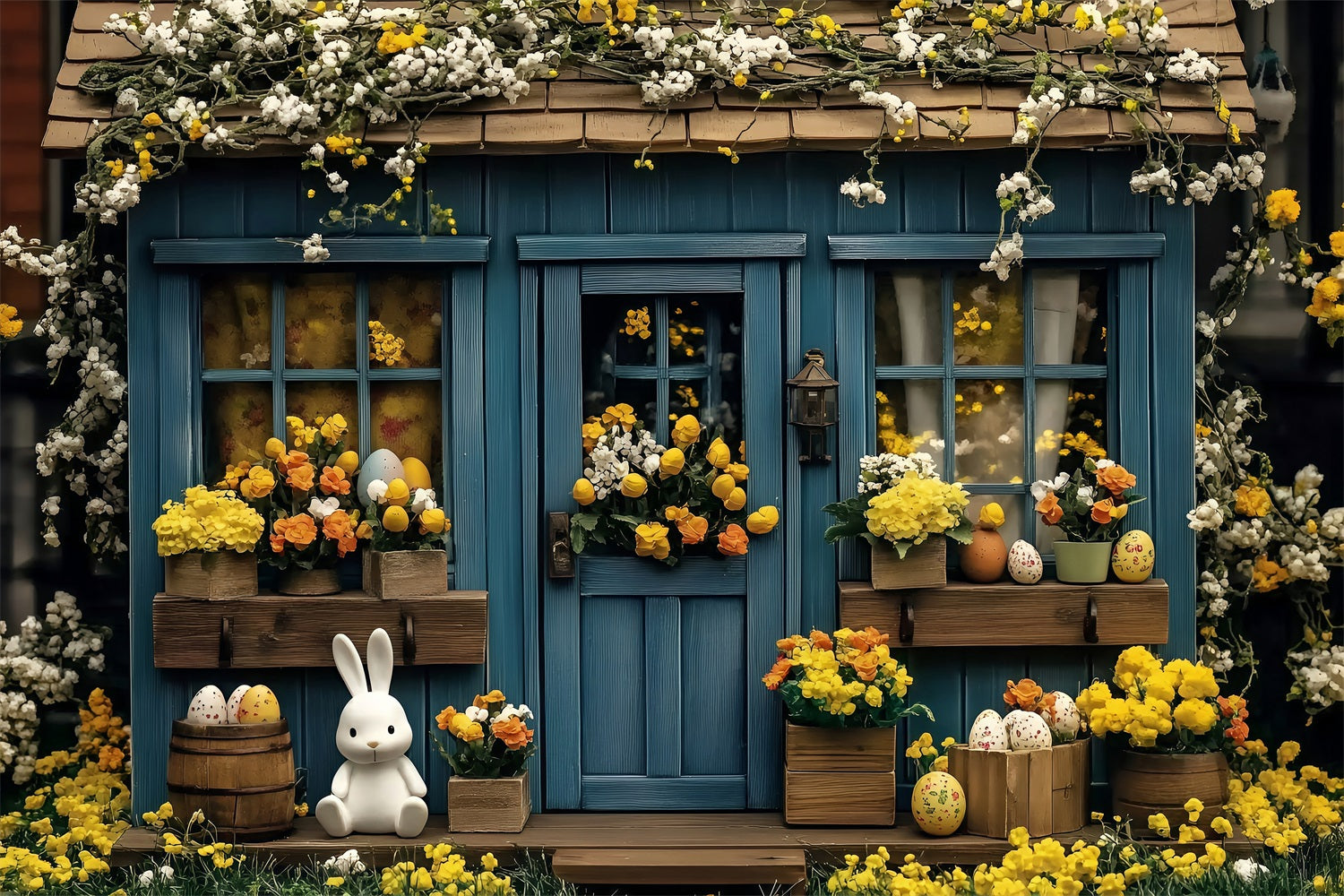 Fotografie Ostern Backdrop Blauer Hase Cottage Blumen Backdrop BRP1-253