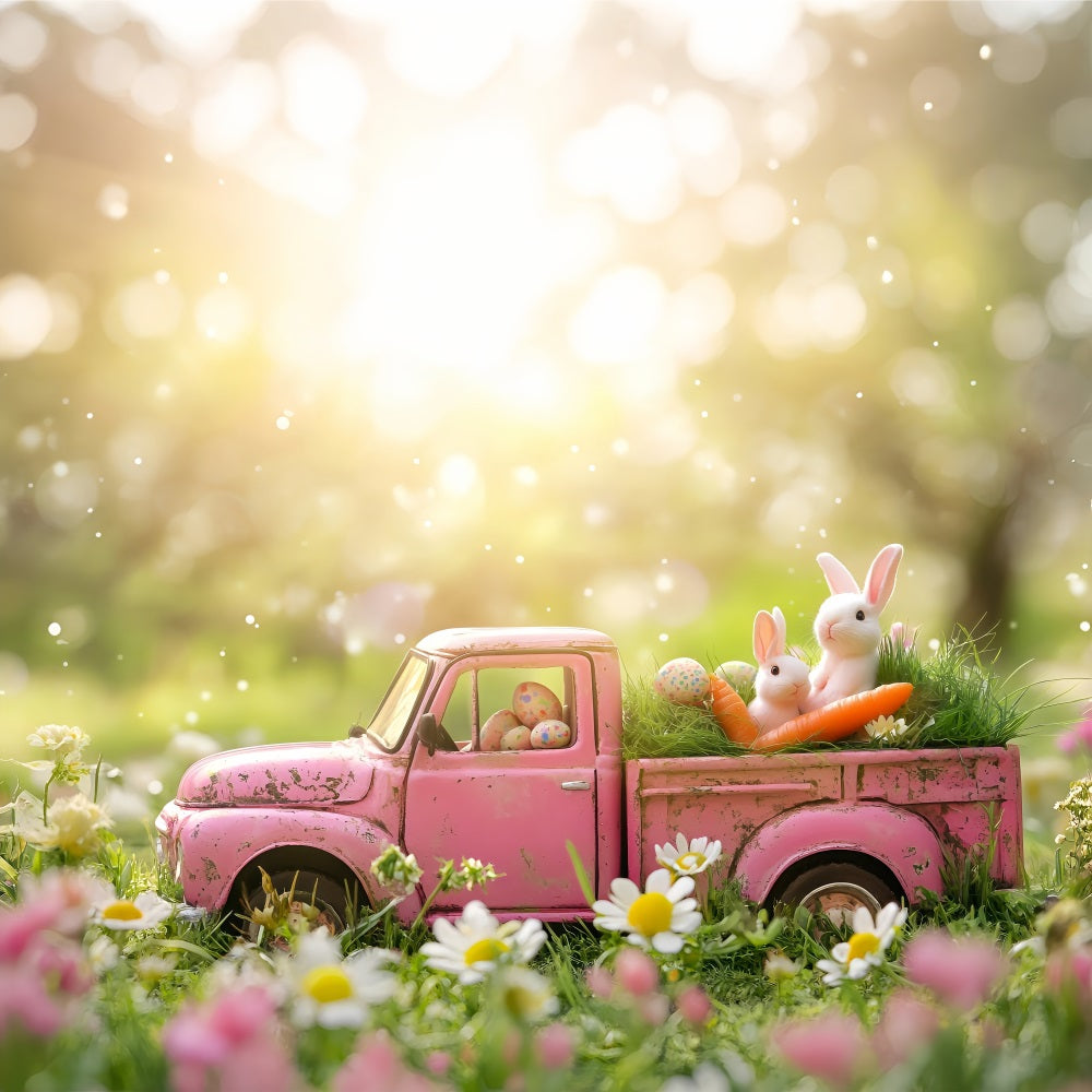 Fotohintergrund Ostern Vintage Pink Truck Garten Hintergrund BRP1-257