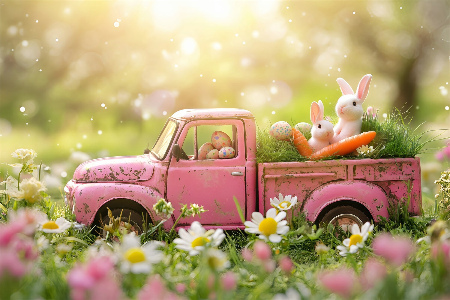 Fotohintergrund Ostern Vintage Pink Truck Garten Hintergrund BRP1-257