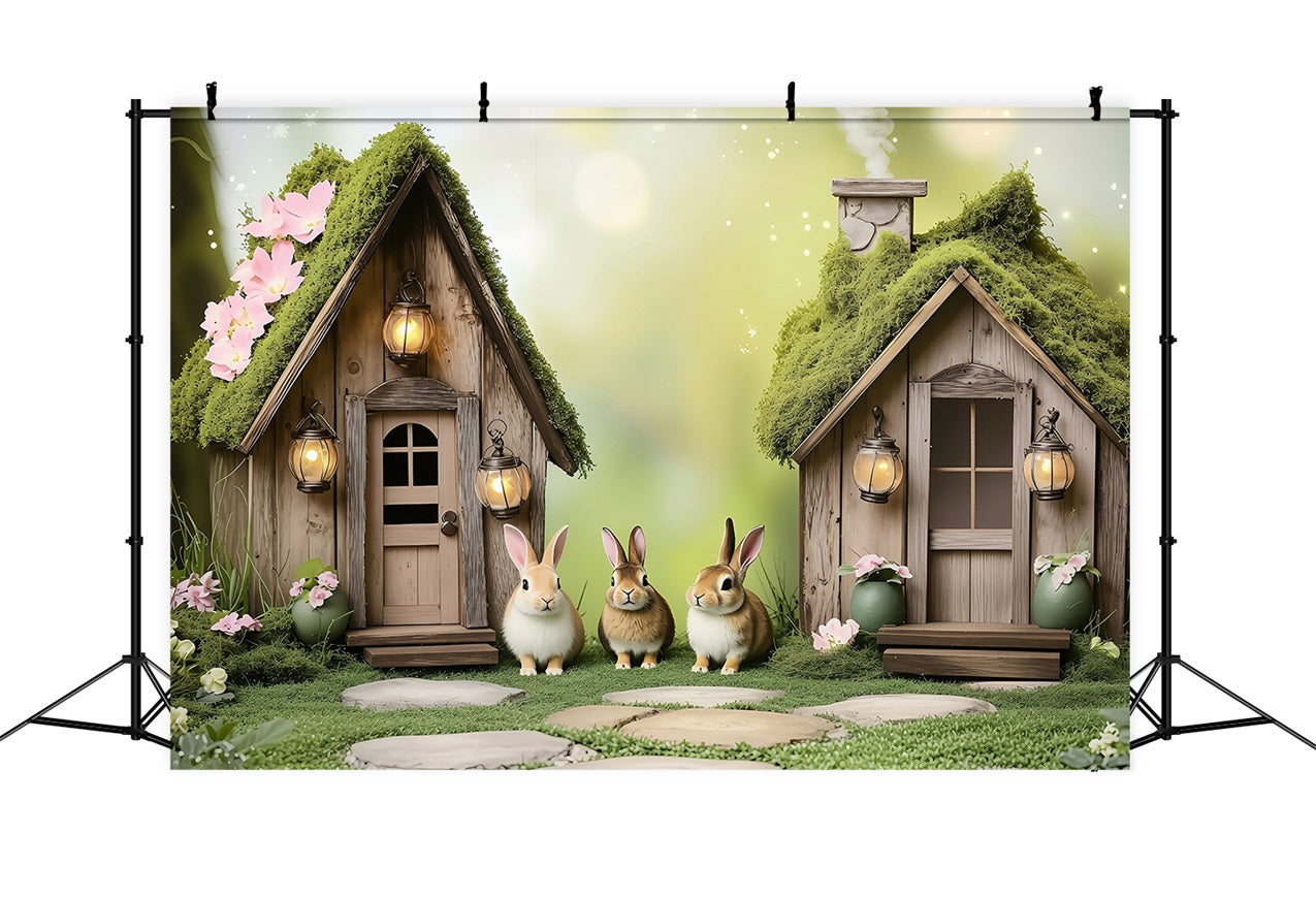 Ostern Backdrops Fotografie Verträumte Moos-bedeckte Hasenhäuser Backdrop BRP1-260